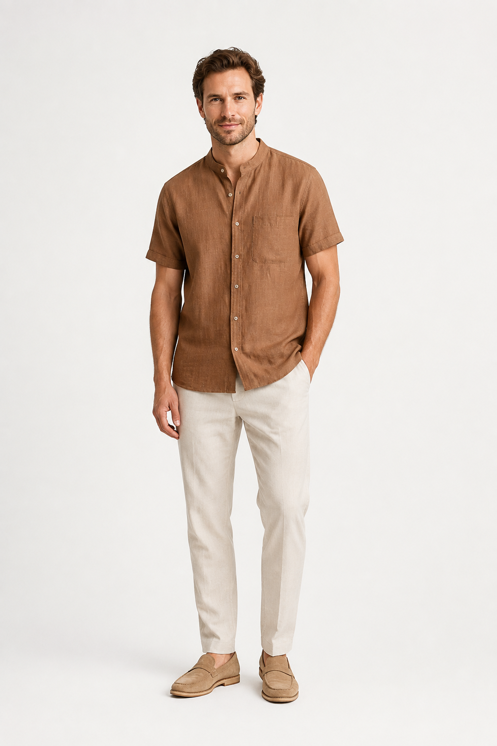 NOMU | Men’s Short Sleeve Mandarin Collar Button Shirt