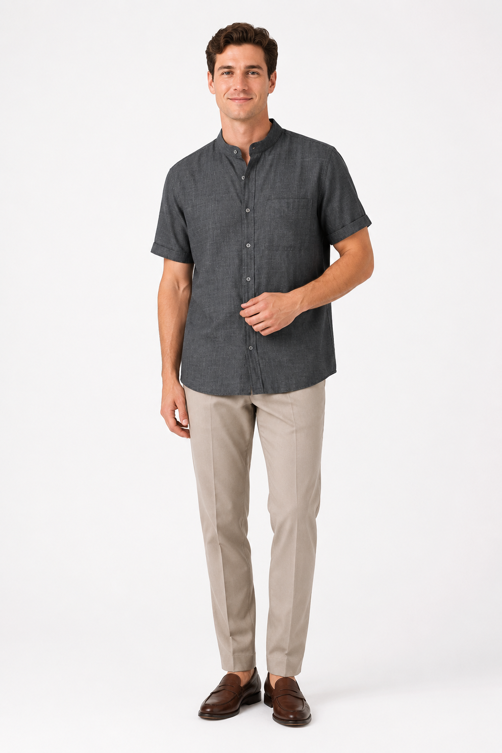 NOMU | Men’s Short Sleeve Mandarin Collar Button Shirt