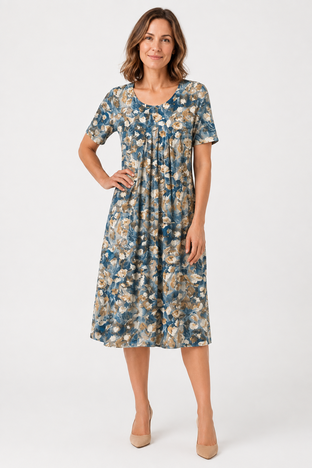 NOMU | Women's Floral Print Midi Dress – Short Sleeve Relaxed Fit
