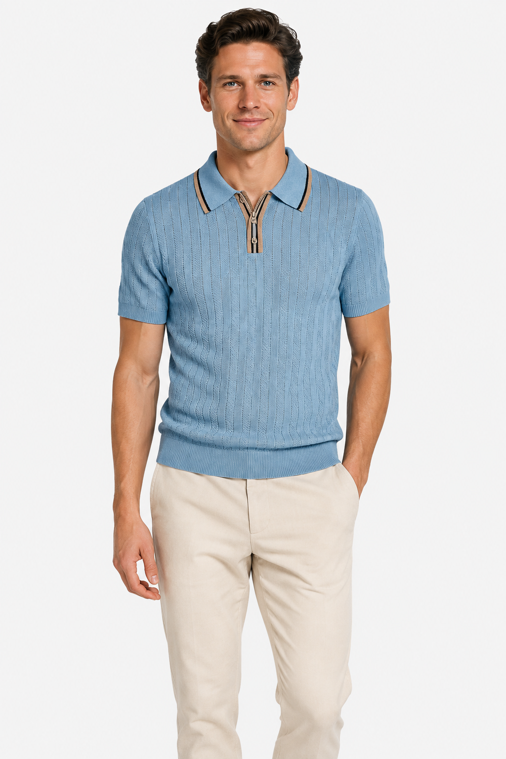 NOMU | Men’s Contrast Trim Ribbed Knit Polo Shirt