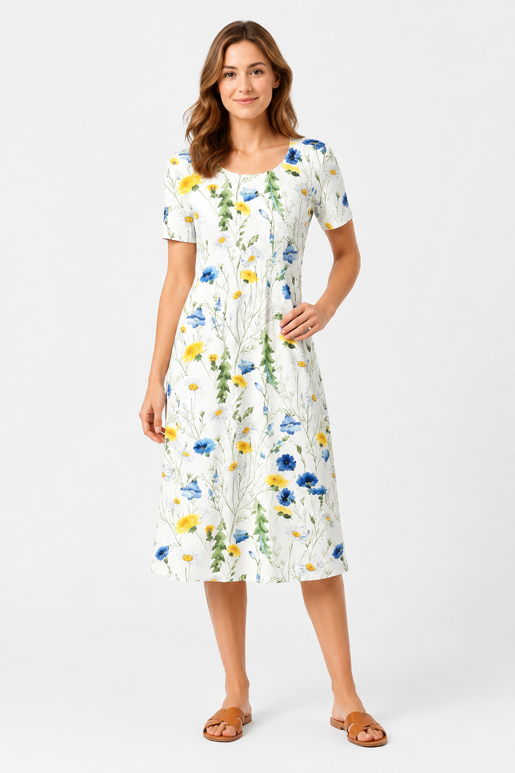 NOMU | Women's Floral Print Midi Dress – Short Sleeve Relaxed Fit